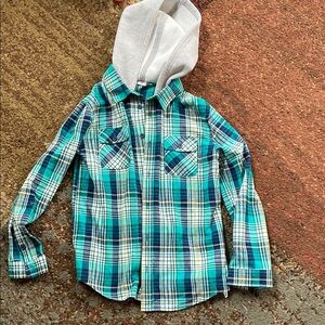 Fabkids Blue and White Plaid Button Down Shirt with Hood
